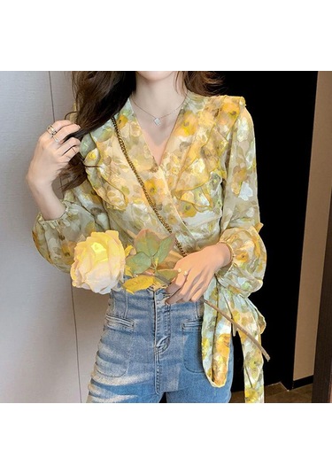 Sarı Çiçek Şifon Bluz Kadın Bahar Elbise Fransız Dantel Up Kısa Fırfır Yumuşak Rüzgar Süper Peri Üst M Sarı