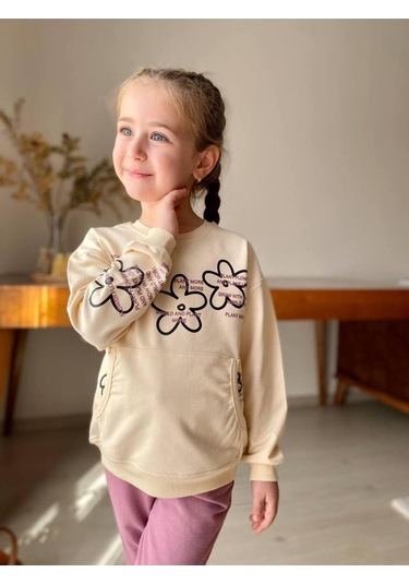 Çiçekli Kanguru Cepli Kız Çocuk 2'li Takım Mor