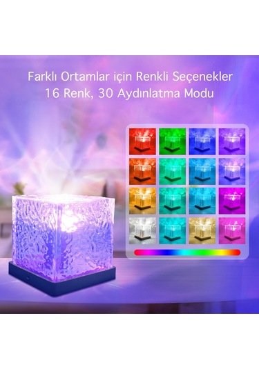 Hymark Kristal Kuzey Işıkları Okyanus Dalgası 16 Renk Projektör Dahili Pil Gece Lambası Kumandalı Dokunmatik Çok Renkli