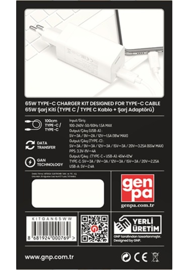 Gnp 65w Gan Şarj Adaptörü Ve Type-c Kablo