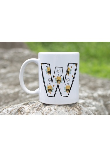 W Harfi Arı Desenli Kupa - Sevimli Hayvan Temalı Kişiye Özel Kahve Kupası - Şans Kupası Beyaz