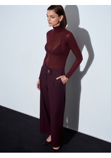 Dilvin 72244 Gold Düğmeli Geniş Paça Pantolon-bordo Bordo