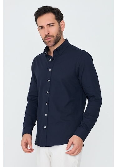 White Stone Lacivert %100 Pamuk Dynamic Fit Erkek Uzun Kollu Gömlek