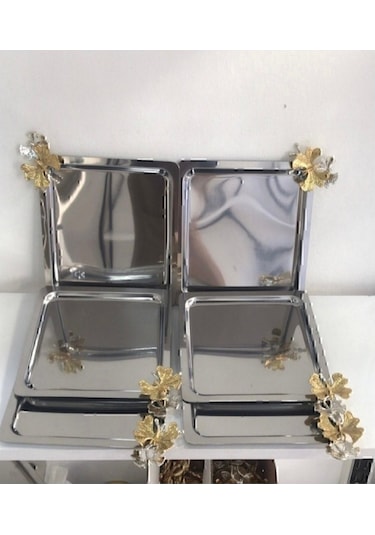 Paslanmaz Çelik Kare Model 6 Lı Kahve Tepsisi Kelebek Aksesuarlı Lüx Sunum Renkli