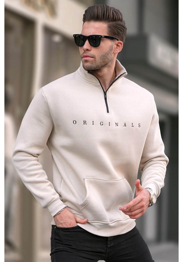 Madmext Bej Fermuar Yaka Nakışlı Sweatshirt 6028 Bej