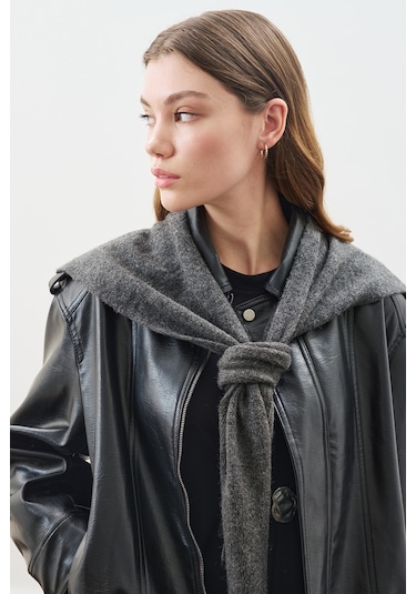 Kare Yaka Bağlamalı Triko Atkı Antrasit Antrasit