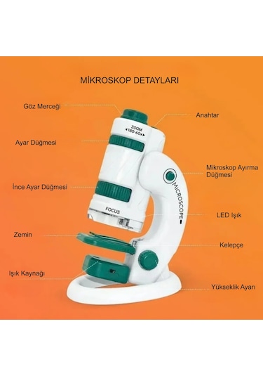 Triline Mikroskop Deney Seti 180x Portatif Led Işıklı Eğitici Öğretici 21 Parça Mobil Mini Taşınabilir