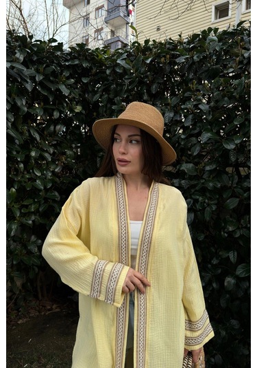 Kadın Sarı Müslin Kumaş, Hasır Şerit Detaylı Salaş Kimono Ceket Sarı