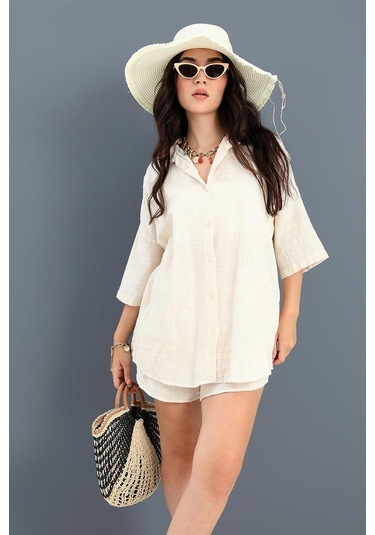 Pamuk Keten Şort Gömlek Kadın İkili Takım - Taş-taş Taş