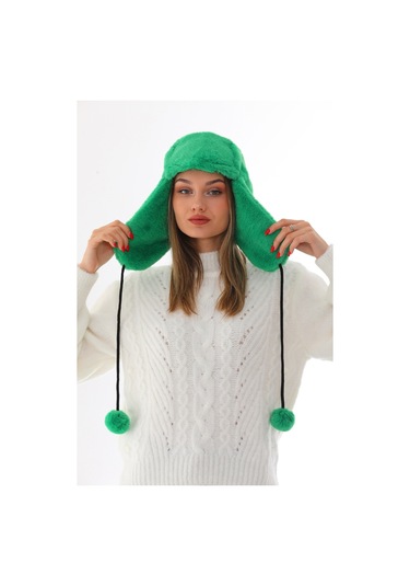 Kadın Yeşil Kürklü Kulaklıklı Peluş Şapka Yeşil