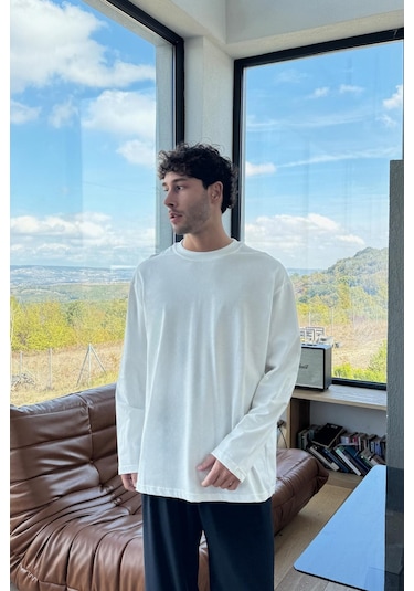 Basic Oversize Uzun Kol Tişört Ekru Ekru