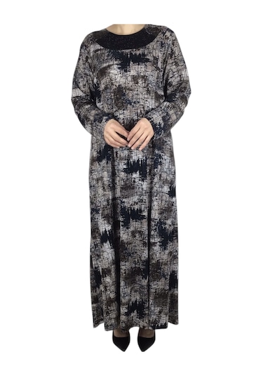 Kadın Desenli Kulplu Büyük Beden Anne Elbise Bordo