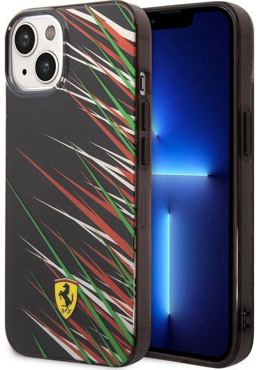 İphone Uyumlu 14 Kılıf Ferrari Lisanslı Baskı Logolu Çimen Desenli Kapak Siyah