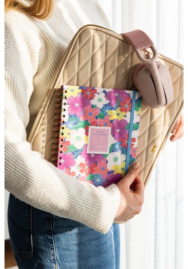 17x24 Spiralli Lastikli Sert Kapak Çizgili Not Defteri Çok Renkli Çiçekler Çok Renkli Çiçekler