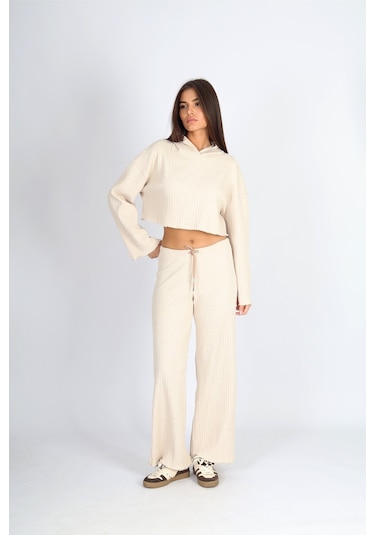 Soft&Basic Kadın Eşofman Takımı Kapüşonlu Sweatshirt Ve Geniş Paça Bej Pantolon Eşofman Bej