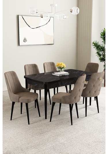 Mabel Siyah Mermer Desen 80x132 Açılabilir Yemek Odası Takımı 6 Adet Sandalye Cappucino