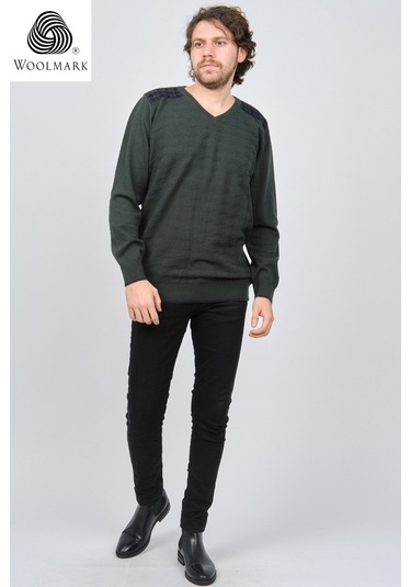 Desen Triko Erkek V Yaka Saf Yün Kazak 0246538 Yeşil Yeşil