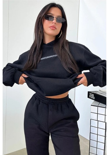 Thatssofetch Eşofman Takımı Sweatshirt Jogger - Siyah Baskılı Oversize Şardonlu Kapüşonlu Koyu Siyah-265251