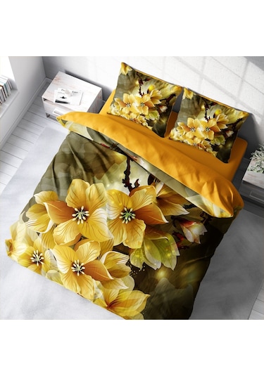 Monohome Yellow Flower 3D Pamuk Saten Çift Kişilik Nevresim Takım
