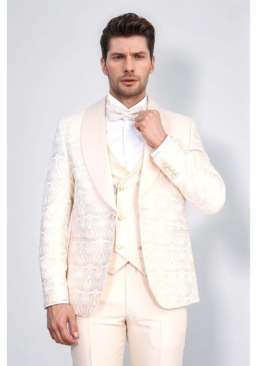 Dalgalı Desenli S Al Yaka Yelekli Krem Smokin - Wessi Krem