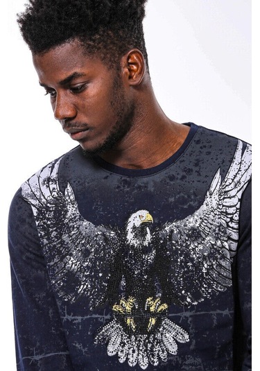 Lacivert Taşlı Desenli Sweatshirt - Wessi Siyah