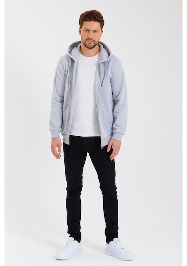 Comeor Kanguru Cepli Kapüşonlu Fermuarlı İçi Pamuklu Erkek Sweatshirt Gri