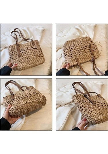 Ganzhoushop Yaz Üst Tote Saplı Plaj Omuz Kova Khaki Kapasiteli Kadınlar İçin Hasır Dokuma Çantası Çantası Çanta Büyük Alışveriş My Haki