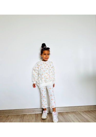 Kız Çocuk Çiçek - Leopar Detaylı 3 İplik Alt Üst Takım Sweatshirt + Tayt Çiçekli