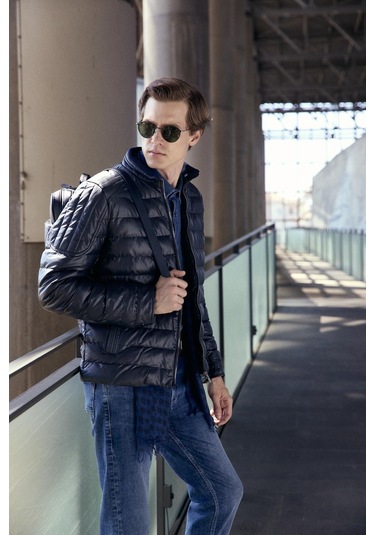 Su Geçirmez Regular Fit Erkek Şişme Suni Deri Mont Lacivert 4528 Lacivert