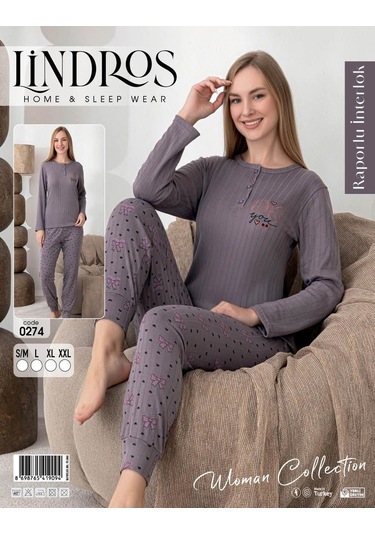 Lindros Kadın Pamuk'lu Düğme Yaka Raporlu İnterlok Kışlık Pijama Takımı 0274 - 1 Adet Füme