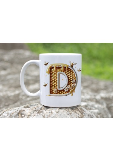 D Harfi Bal Arısı Tasarım Kupa Bardak - Bal Ve Petek Desenli Kişiye Özel Kahve Kupası - Hediyelik Beyaz