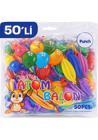 Renkli Atom Balon Punch Balon Lastik İpli Parti Balonu 50 Adet Diğer