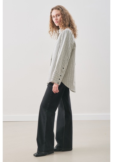 Oversıze Çizgili Gömlek Siyah Çizgi Siyah Çizgi