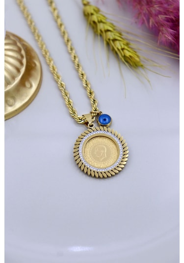 22 Ayar Çeyrek Altınlı Çelik Kolye