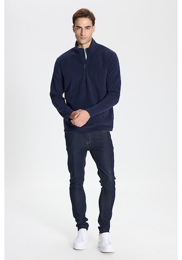 Anti-pilling Tüylenme Yapmayan Standart Fit Bato Yaka Soğuk Geçirmez Sweatshirt Polar Lacivert