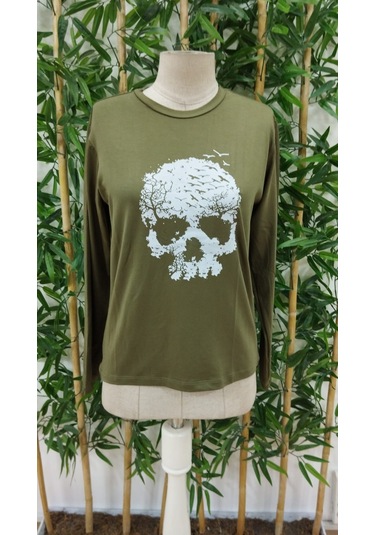 Ahes Shopping Kadın Uzun Kollu Bisiklet Yaka Kurukafa Desenli Viskon Bluz Yeşil