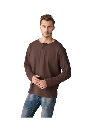 Lorenzo Erkek Özel Rustik Dokulu %100 organik Pamuk Düğme Detaylı Regular Acı Kahve Sweatshirt