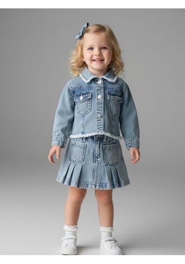 Zekids Kız Bebek Taşlı Denim Ceket-16880 Mavi