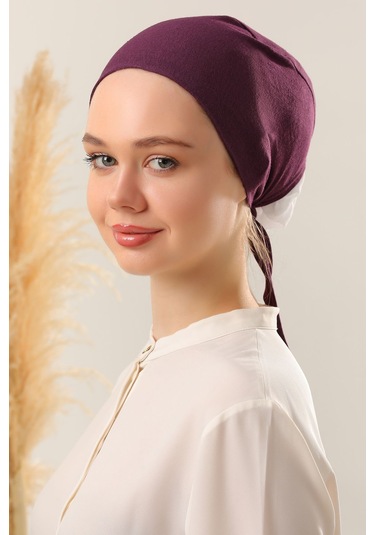 Kadın Tesettür Dikişli Set Bone Mor 3 Adet Bağlamalı Penye Bone Mor