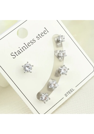 Tektaş Küpe Yıldız Model Tektaş Üçlü Set Küpe Kararmaz Çelik Silver