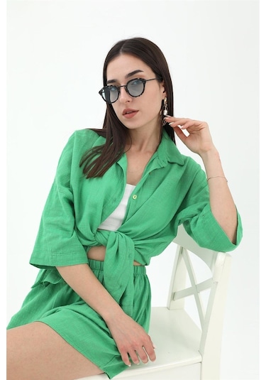 Pamuk Keten Şort Gömlek Kadın İkili Takım - Yeşil-yeşil Yeşil