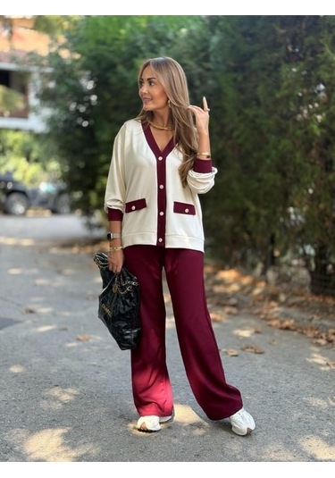 Kadın Uzun Kollu Ribanali Cep Detay Hırka Ve Bol Paça Pantolon Ikili Takım Bordo