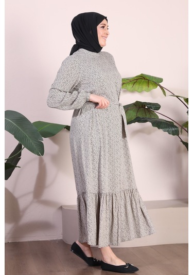 Kadin Buyuk Beden Elbise Tesettur Giyim Hakim Yaka Çıtır Desen 001