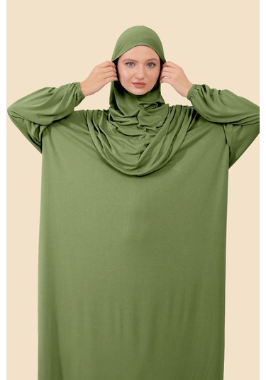 Tek Parça Tesettür Elbisesi Tak Çıkar Başörtülü Organik Pamuklu Lastikli Kolu Kaymaz Penye Kumaş Açık Haki