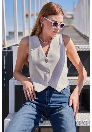 Bigdart 6794 Çizgili Dokuma Yelek - Bej 001