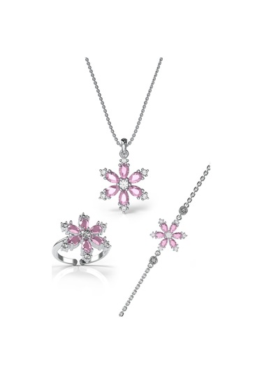 925 Ayar Pembe Taşlı Rodyum Lotus Çiçeği 3'lü Gümüş Set Gümüş