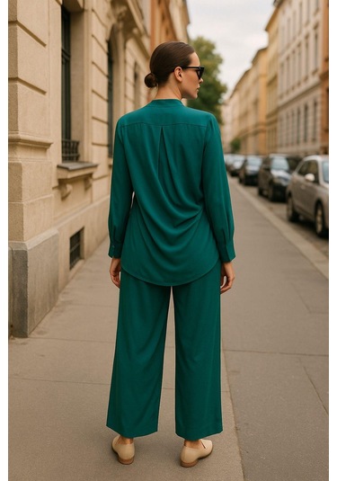 Yeşil Kruvaze Yaka Gömlek Pantolon Kadın İkili Takım - Modern Tasarım Çok Renkli