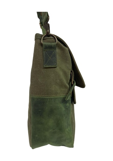 Vintage Baskılı Su Geçirmez Kanvas Deri Unisex Postacı Omuz Çantası 29 Cm X 30 Cm Haki