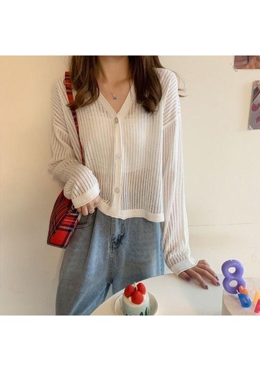 Beyaz Kadın İlkbahar Ve Yaz V Yaka Delikli Uzun Kollu Klimalı Gömlek İçin İnce Örgü Güneş Koruyucu Hırka Ceket Beyaz