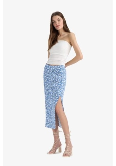 DeFacto A Kesim Çiçek Desenli Yüksek Bel Yırtmaçlı Midi Etek F0526AX25SPBE515